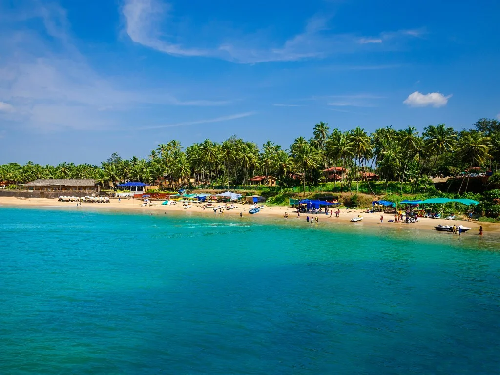 Turquoise beach and palm-lined shoreline in Goa